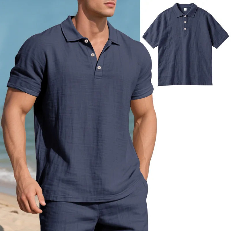 2025 verão nova camisa masculina estilo britânico solto na moda respirável linho casual gola polo série camisa polo manga curta