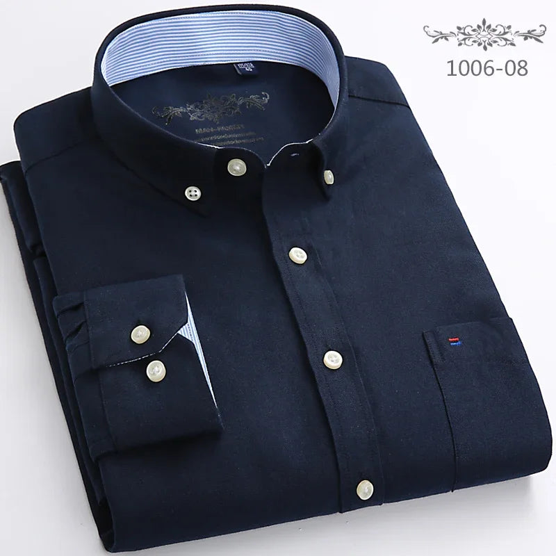 Clássico ajuste algodão completo camisas casuais para homem cor sólida manga longa camisa simples bolso único topo macio fino ajuste roupas formais