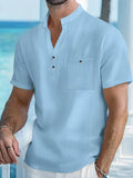 Camisa masculina de manga curta de linho de algodão com gola alta e carcela de meio botão – roupa casual de lazer ao ar livre para primavera e verão
