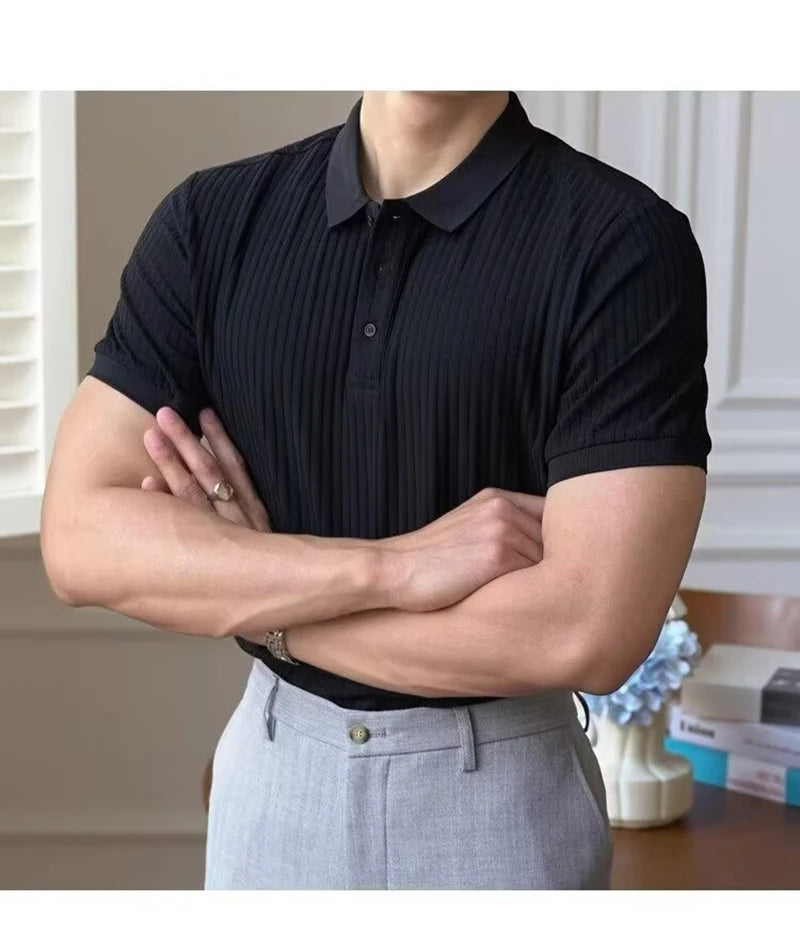 Camisa polo masculina de malha listrada vertical verão novo fino cor sólida respirável gola virada para baixo negócios manga curta polo topos