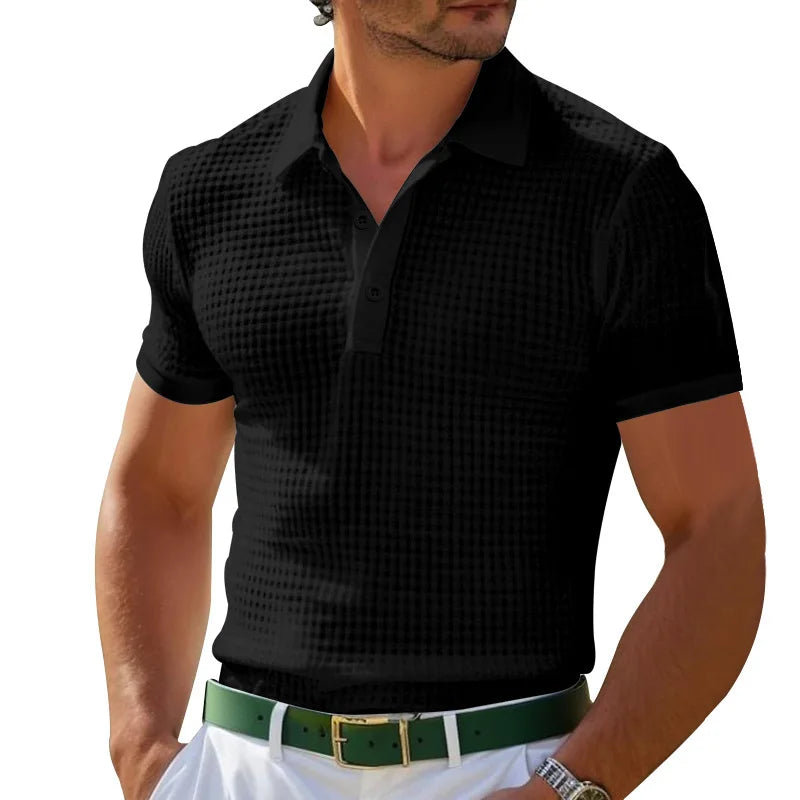 Camisa polo esportiva masculina com botão de waffle, camisa polo amazônica, verão, 2024