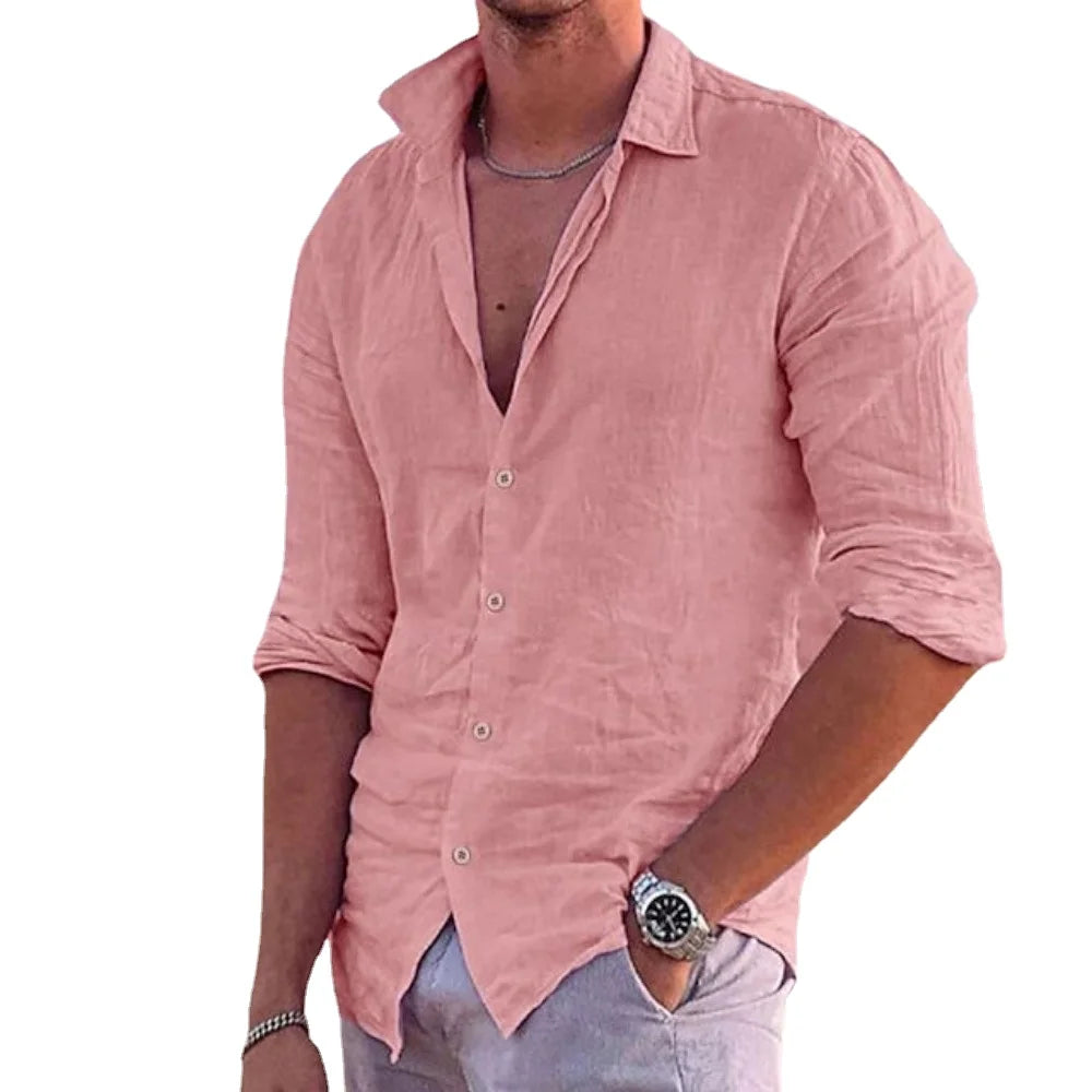 Camisa de praia de linho de algodão masculina, moda de linho, gola polo casual, sólida camisas havaianas, novo, 2024