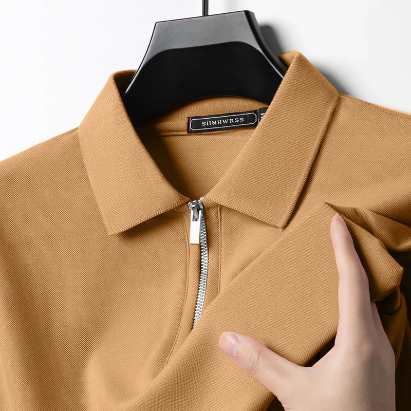 Verão novo masculino casual fino ajuste camisa polo gola flip respirável meio zíper manga curta topo cor sólida confortável camiseta