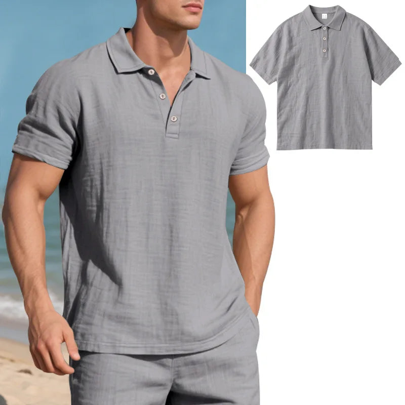 2025 verão nova camisa masculina estilo britânico solto na moda respirável linho casual gola polo série camisa polo manga curta