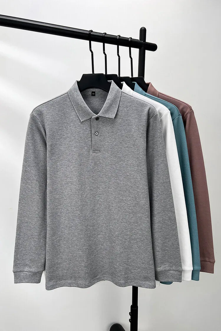 Camisa polo masculina durável 100% algodão, manga comprida de lazer de outono, camiseta com lapelas respiráveis, 16 cores, perfeita para golfe e esportes