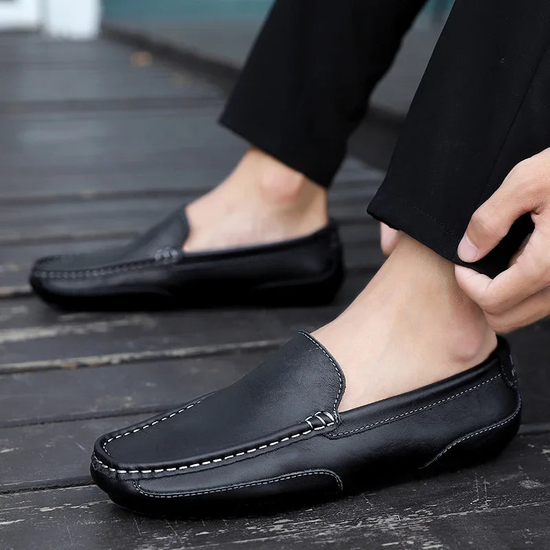 Mocasines respiráveis de couro genuíno mocassins casuais sapatos de couro para homens deslizamento em formal italiano condução plana chaussure homme