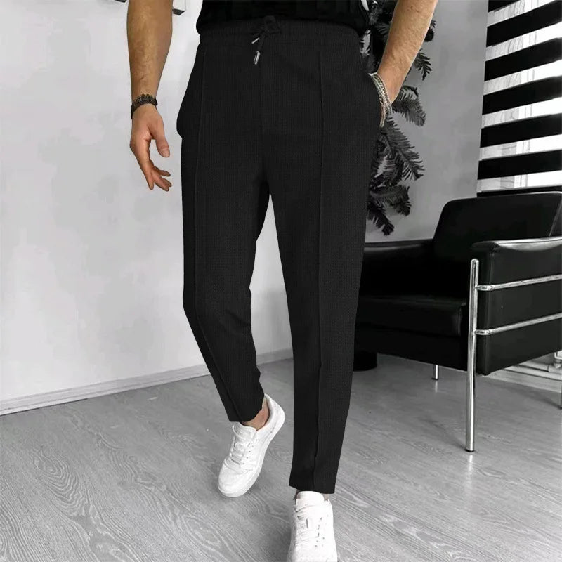Calça waffle masculina elegante – Calça esportiva casual slim fit com cordão ajustável e bolsos seguros para todas as estações – perfeita ao ar livre