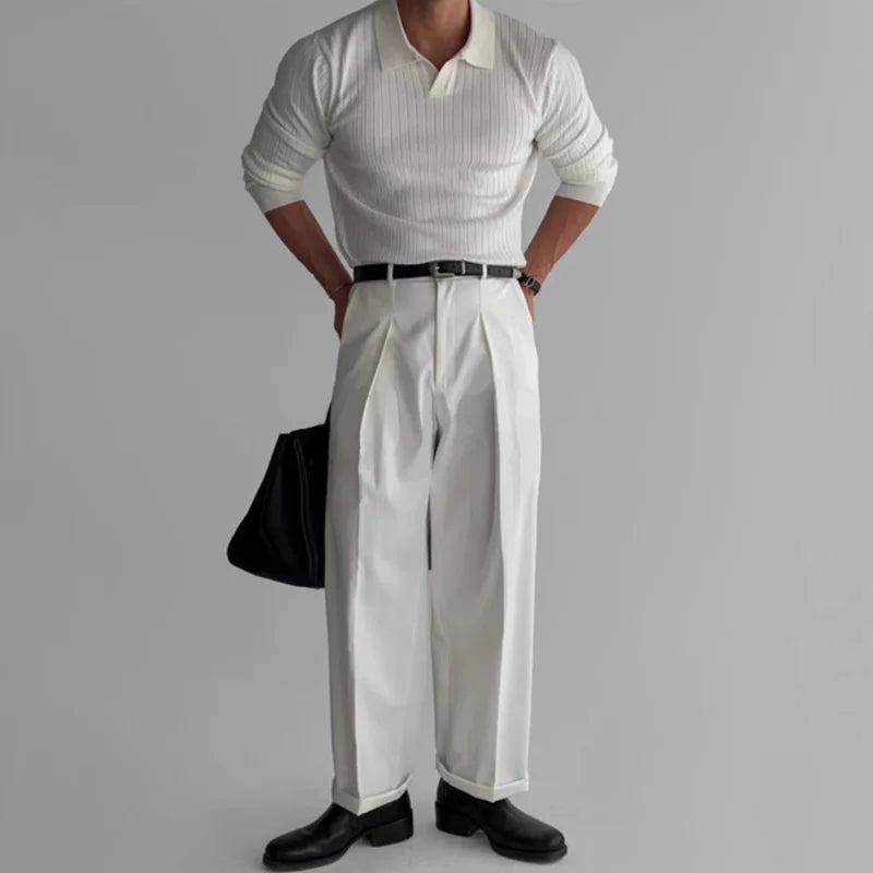 Moda masculina de luxo com decote em v malha jacquard polo camisa cor sólida manga comprida coreano popular lazer malhas 2025 novo outono