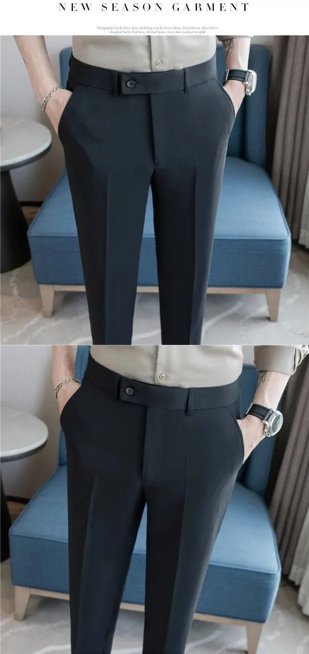 Calças Casuais Brancas Finas para Homens Verão 2025 Novas Calças de Negócios em Nove Peças com Botões Laterais Estilo Slim co...