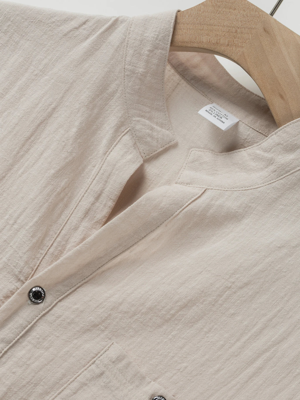 Camisa masculina de manga curta de linho de algodão com gola alta e carcela de meio botão – roupa casual de lazer ao ar livre para primavera e verão