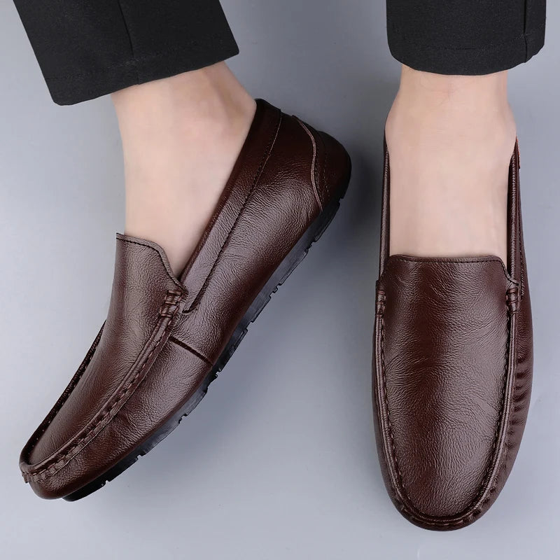 Homens de couro genuíno sapatos casuais marca luxo mocassins respirável deslizamento em sapatos de condução italiana chaussure homme