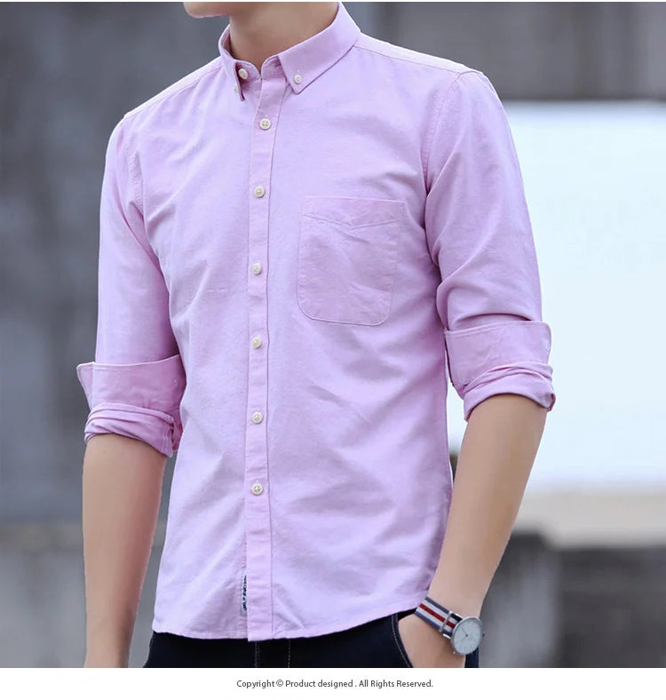 Clássico ajuste algodão completo camisas casuais para homem cor sólida manga longa camisa simples bolso único topo macio fino ajuste roupas formais