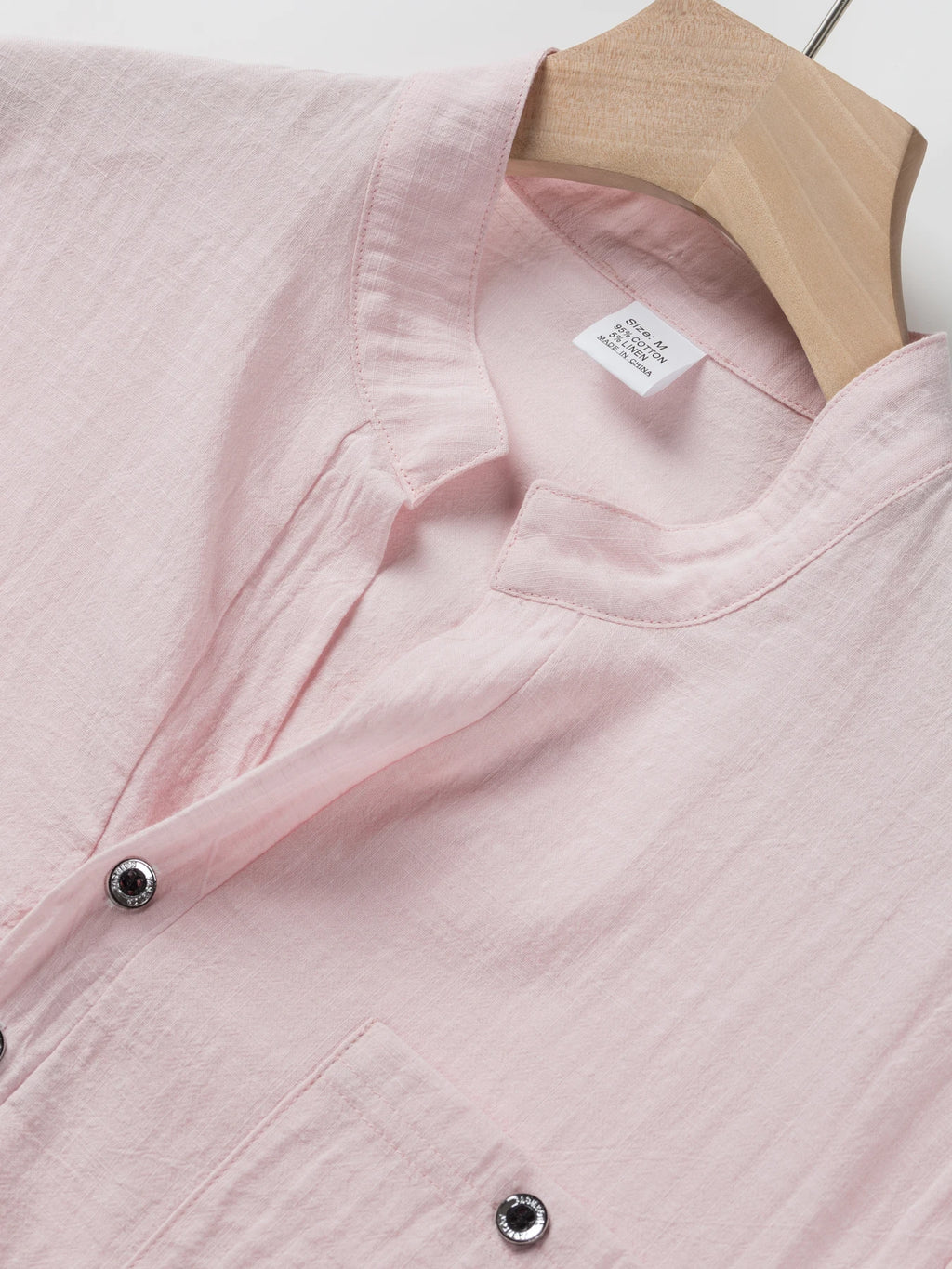 Camisa masculina de manga curta de linho de algodão com gola alta e carcela de meio botão – roupa casual de lazer ao ar livre para primavera e verão