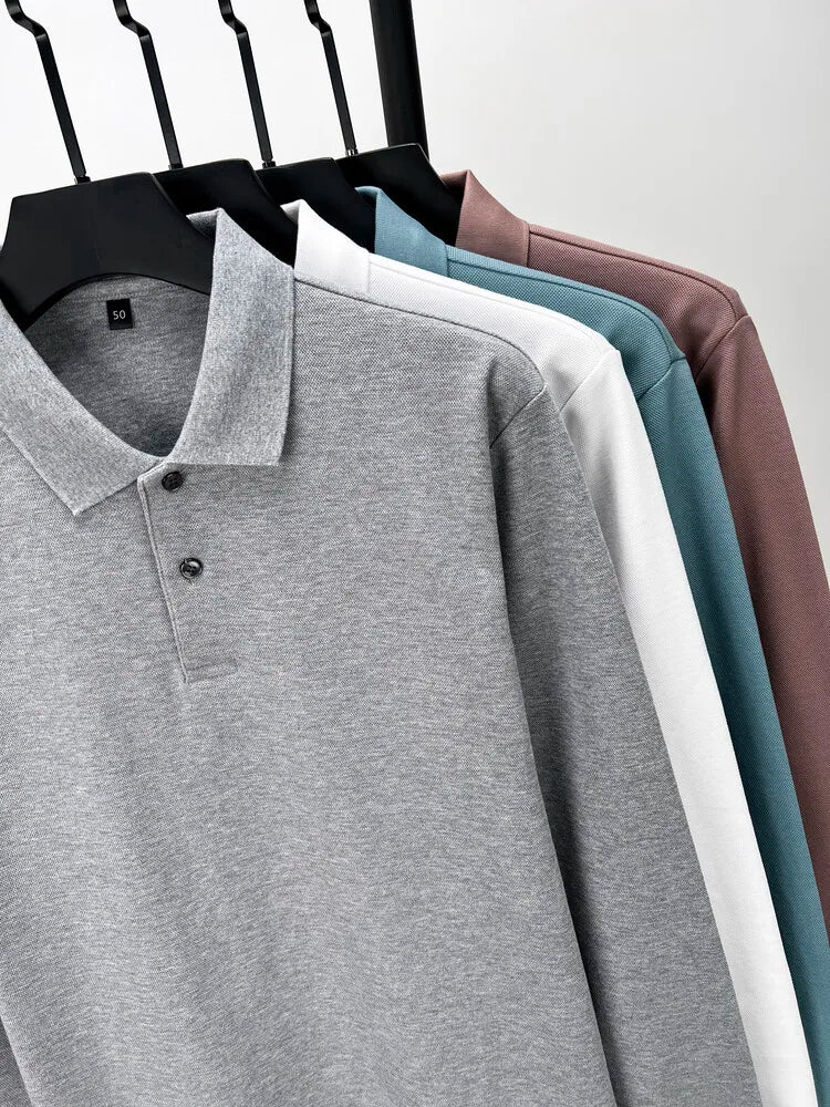 Camisa polo masculina durável 100% algodão, manga comprida de lazer de outono, camiseta com lapelas respiráveis, 16 cores, perfeita para golfe e esportes