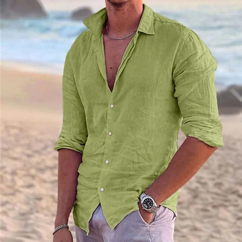 Camisa de praia de linho de algodão masculina, moda de linho, gola polo casual, sólida camisas havaianas, novo, 2024