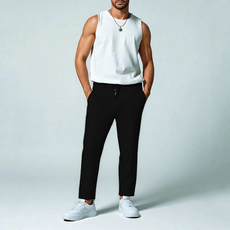 Calça waffle masculina elegante – Calça esportiva casual slim fit com cordão ajustável e bolsos seguros para todas as estações – perfeita ao ar livre