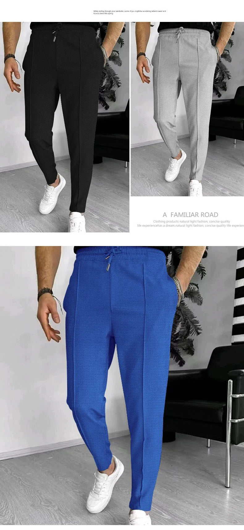 Calça waffle masculina elegante – Calça esportiva casual slim fit com cordão ajustável e bolsos seguros para todas as estações – perfeita ao ar livre