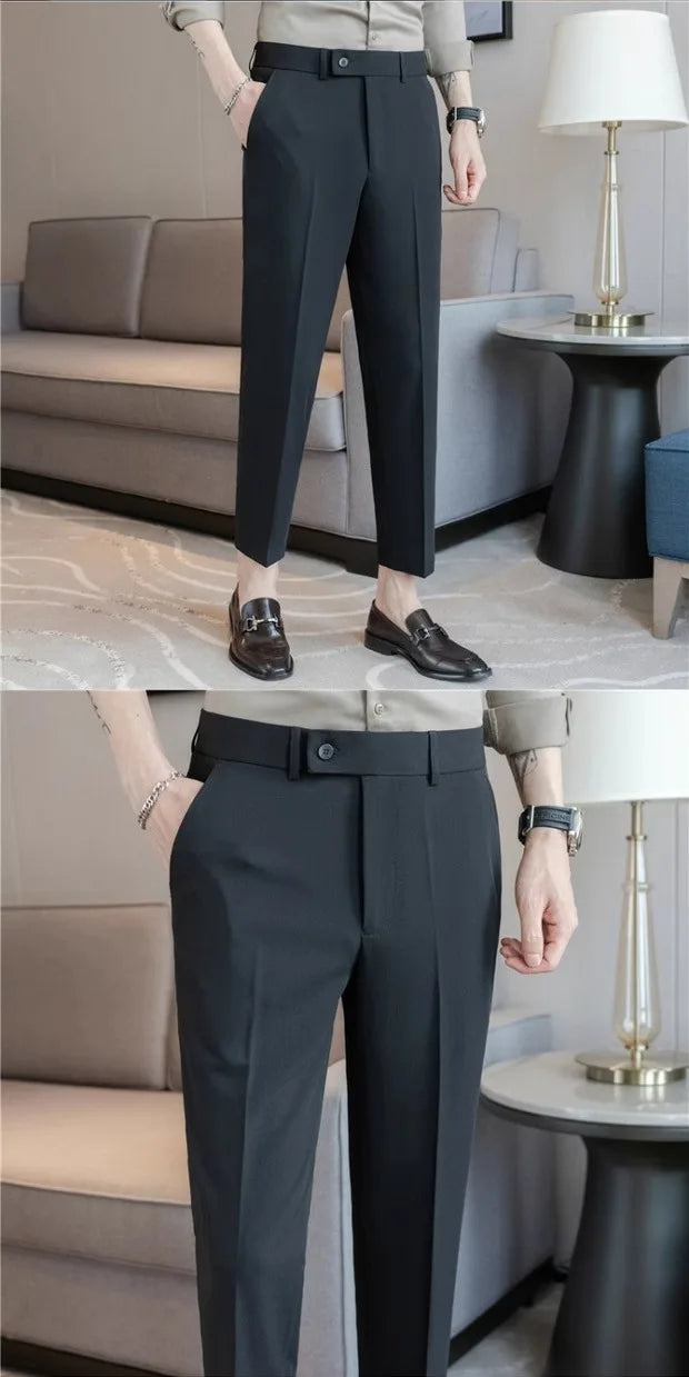 Calças Casuais Brancas Finas para Homens Verão 2025 Novas Calças de Negócios em Nove Peças com Botões Laterais Estilo Slim co...