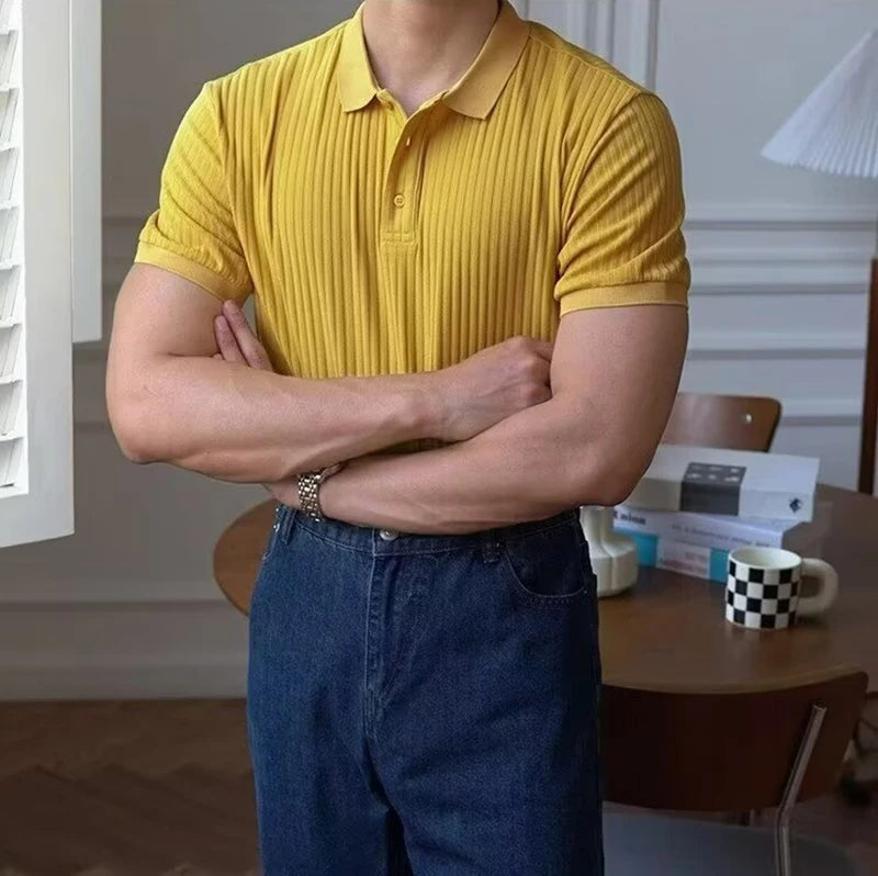 Camisa polo masculina de malha listrada vertical verão novo fino cor sólida respirável gola virada para baixo negócios manga curta polo topos